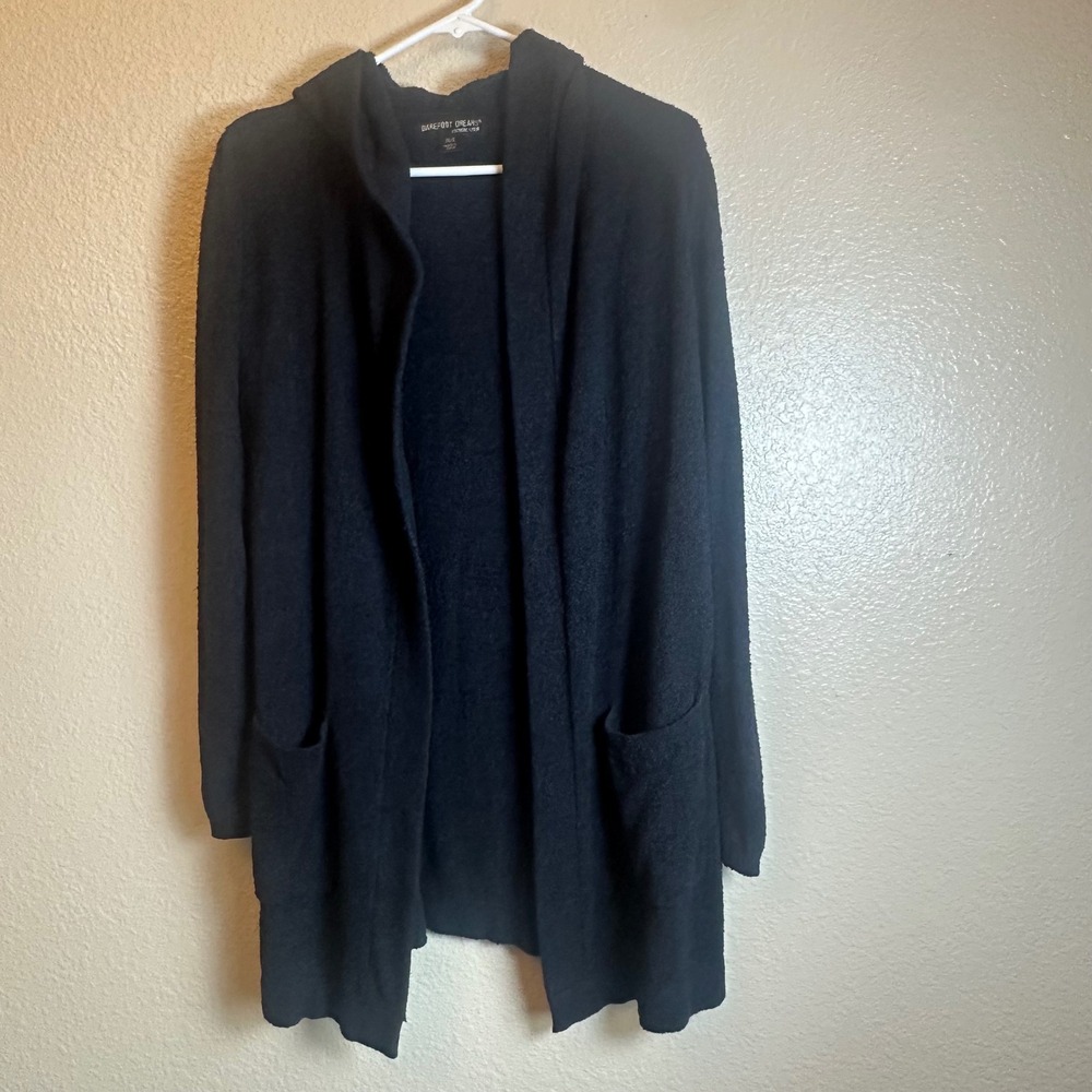 Barefoot Dreams Cozychic Lite Hooded Cardigan Black Open Front Wrap Sweater
XS/S
